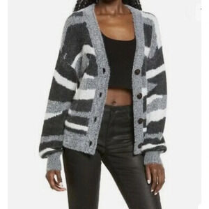 Leith Zebra  Women Jacquard V-Neck Button Up Cardigan Sweater Black/Gray Sml NWT